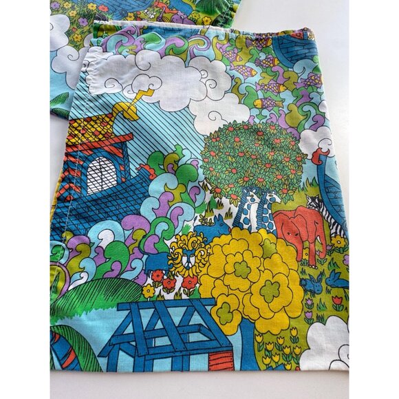 Vintage 70s pillowcases, Sears Noah's Ark, blue, purple, orange, pair - Picture 5 of 10